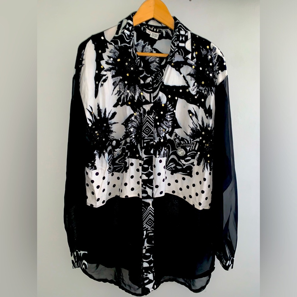 Vtg FAITH Black/White Sequin Embellished Button Front Tunic Shirt size L